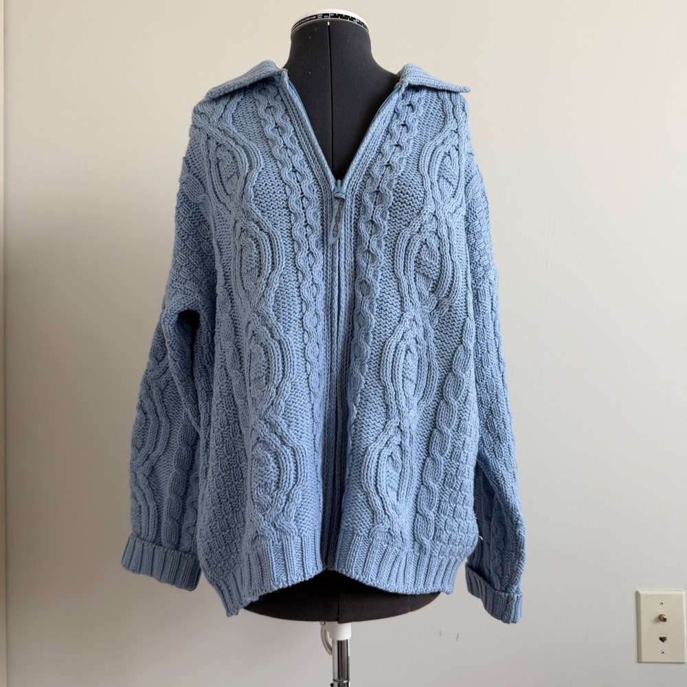Vintage Aran Crafts Irish Knit 100% Merino Wool Zip-Front Oversized‎ Cardigan
